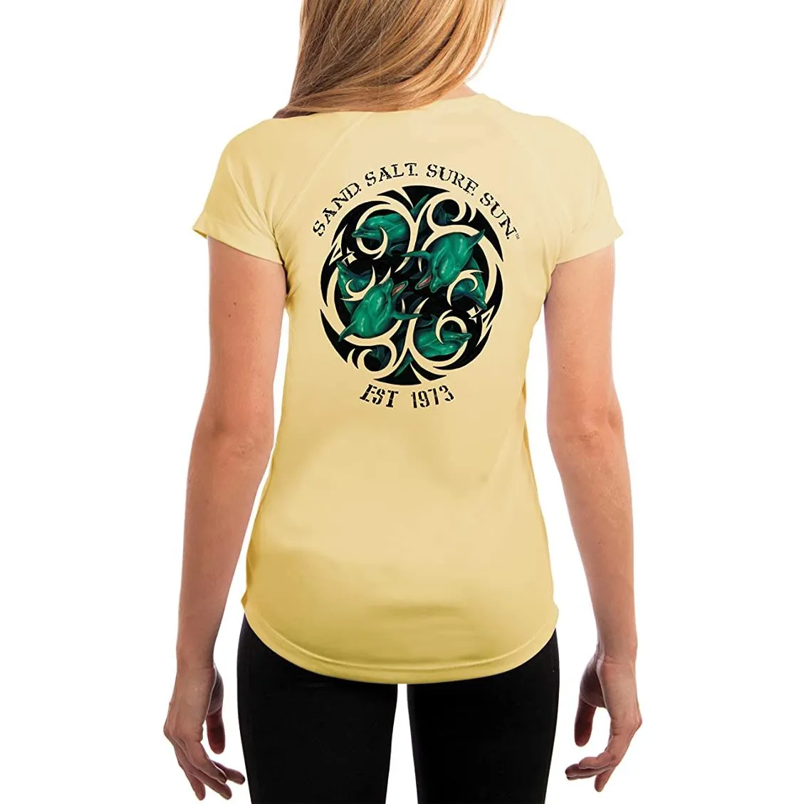 SAND.SALT.SURF.SUN. Dolphin Tribal Women's UPF 50  UV Sun Protection Performance Short Sleeve T-Shirt