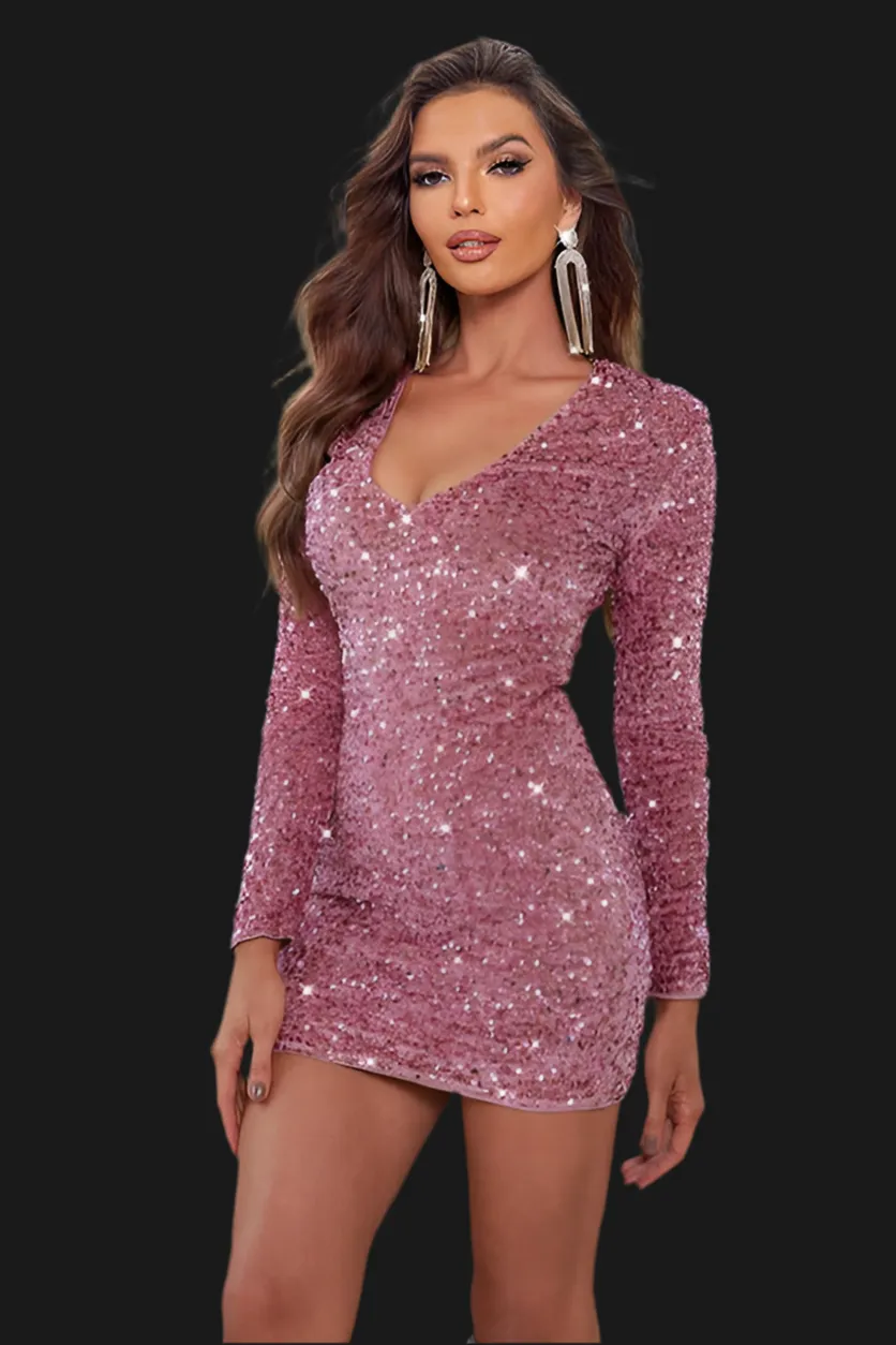 Sequin V-Neck Long Sleeve Mini Dress
