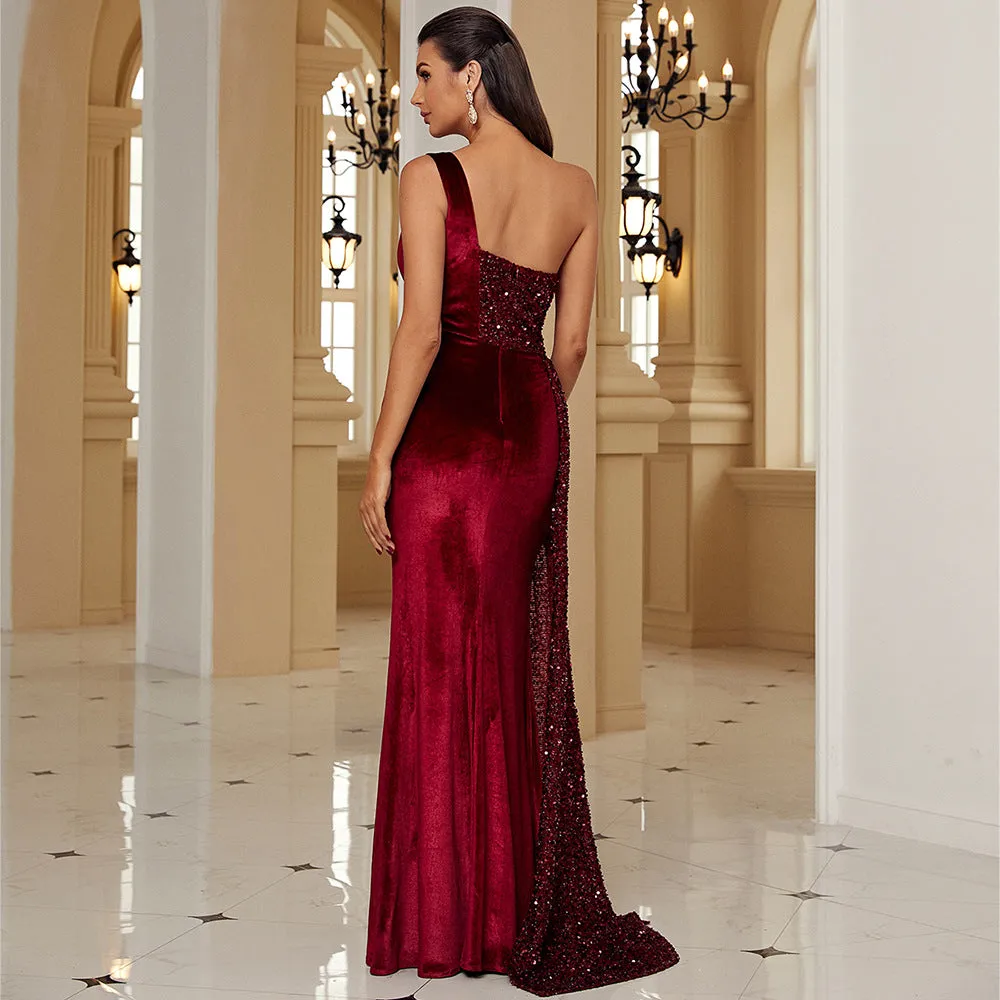 Shoulder Sleeveless Sequin Slit Long Evening Dresses