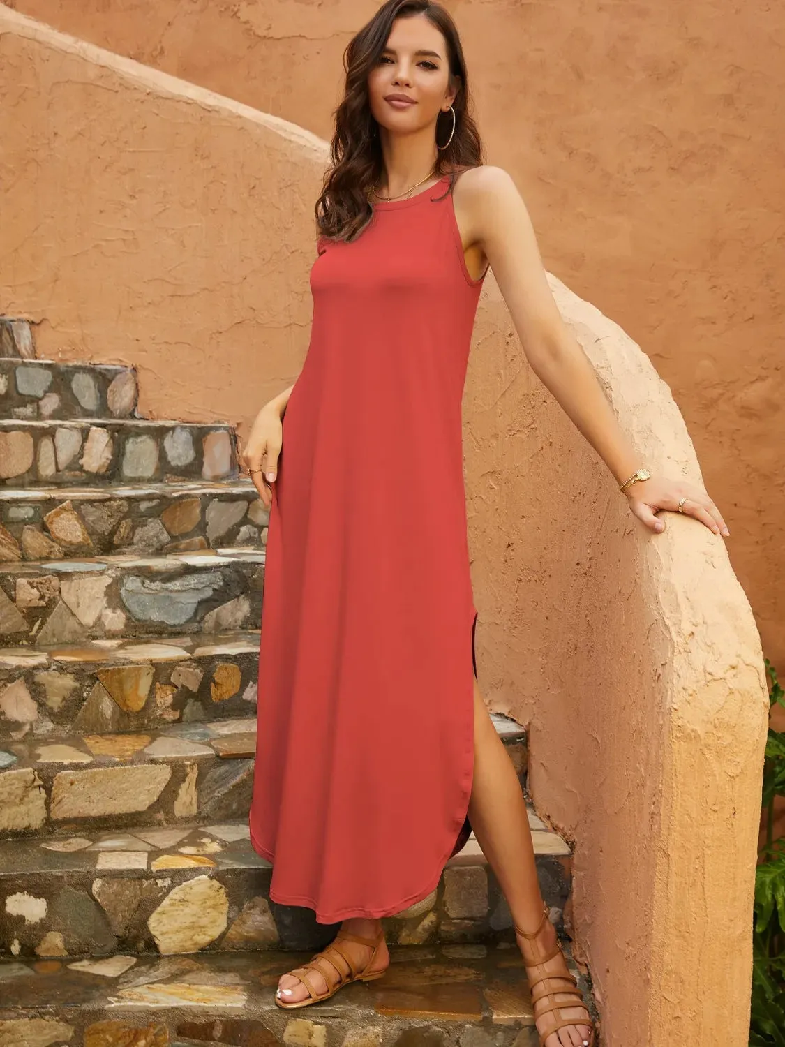 Side Slit Sleeveless Midi Dress