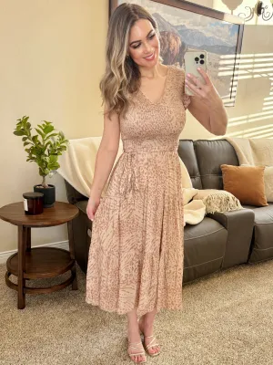 Smocked Midi Dress In Pink Animal Print