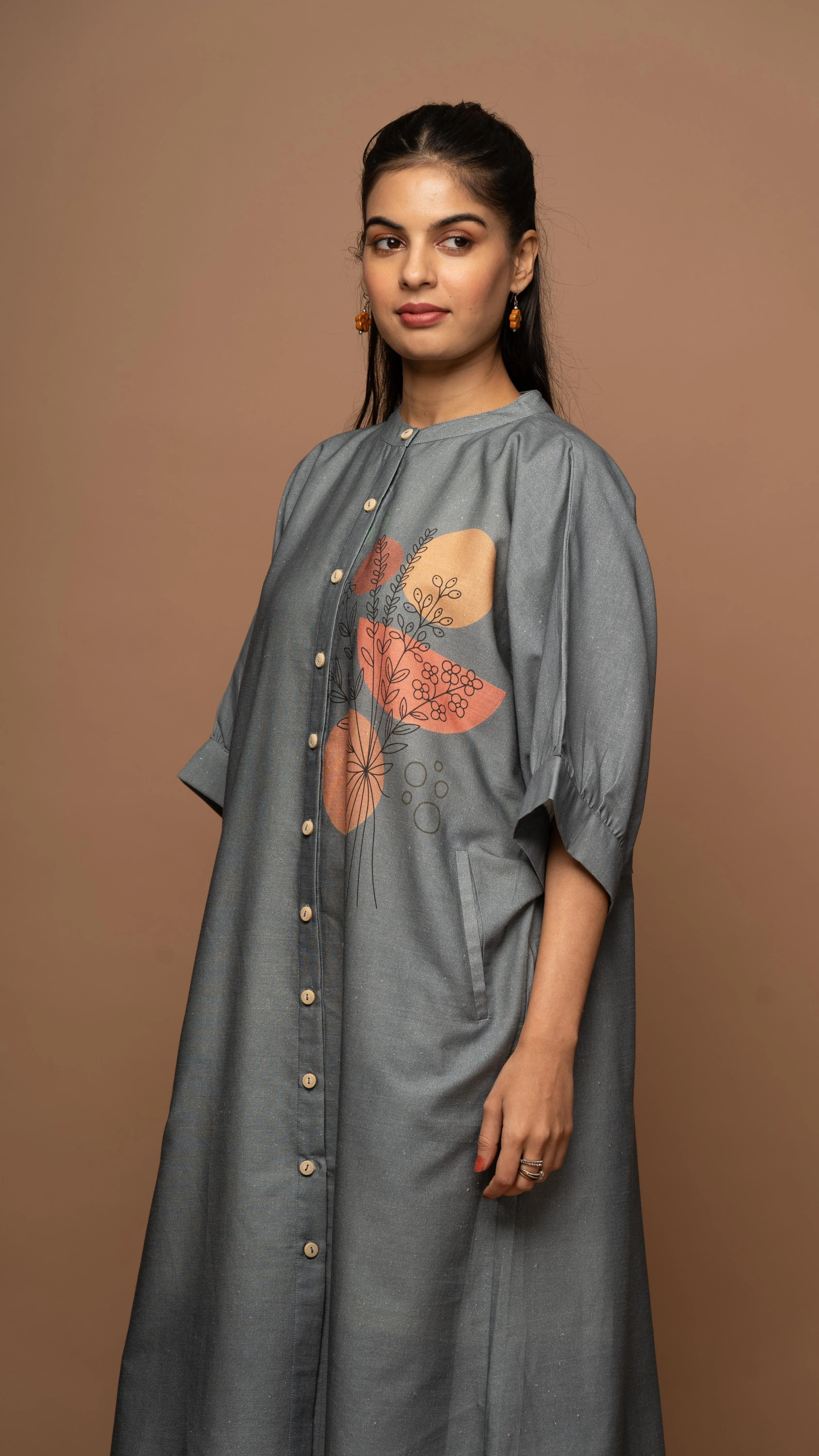Smoky Gray Floral Whispers Shirt Dress