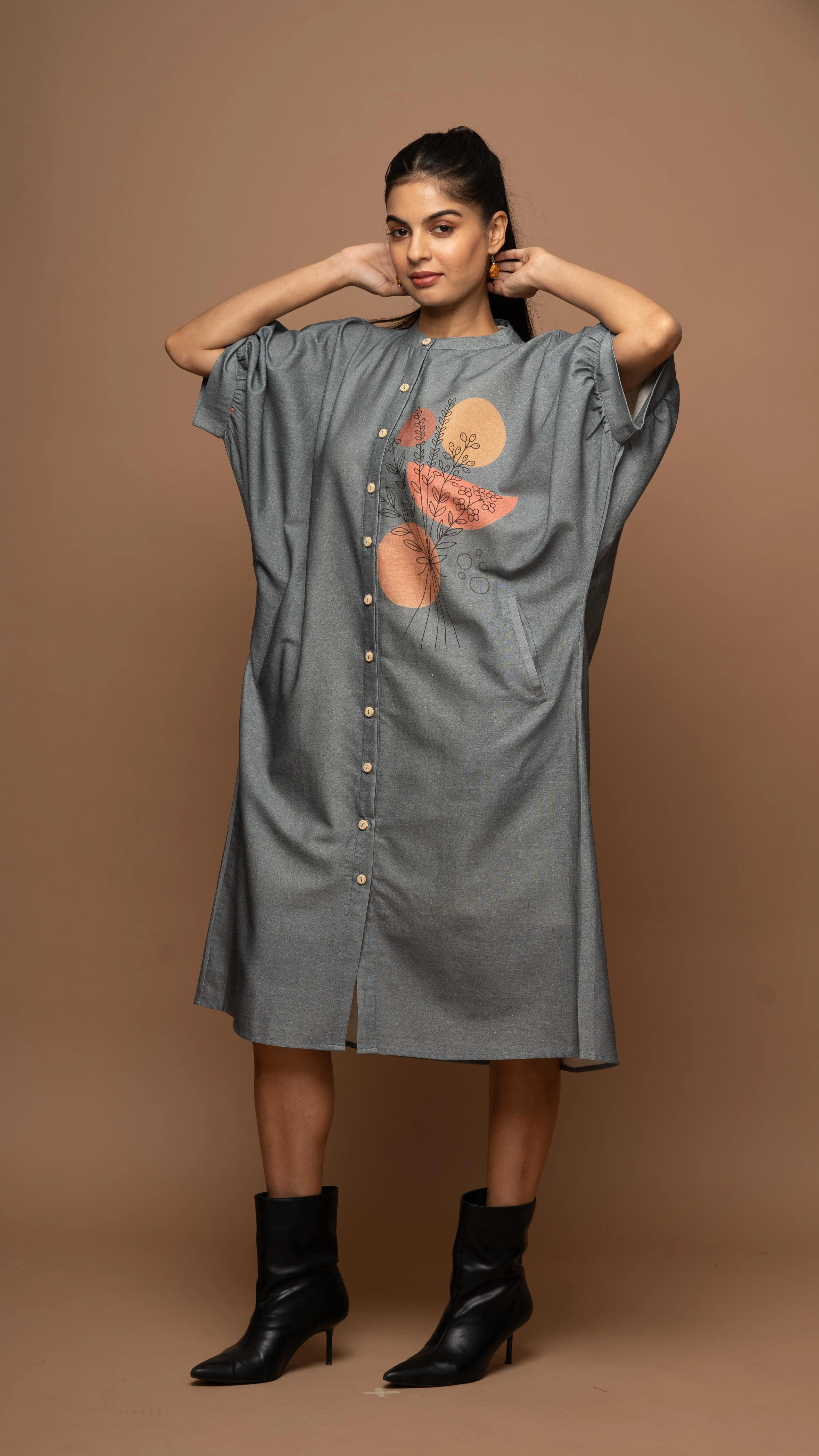 Smoky Gray Floral Whispers Shirt Dress