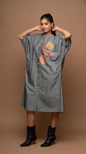 Smoky Gray Floral Whispers Shirt Dress