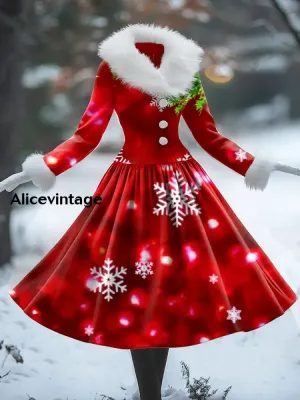 Snowflake Art Print Vintage Elegant Fur Collar Long Sleeve Midi Dress