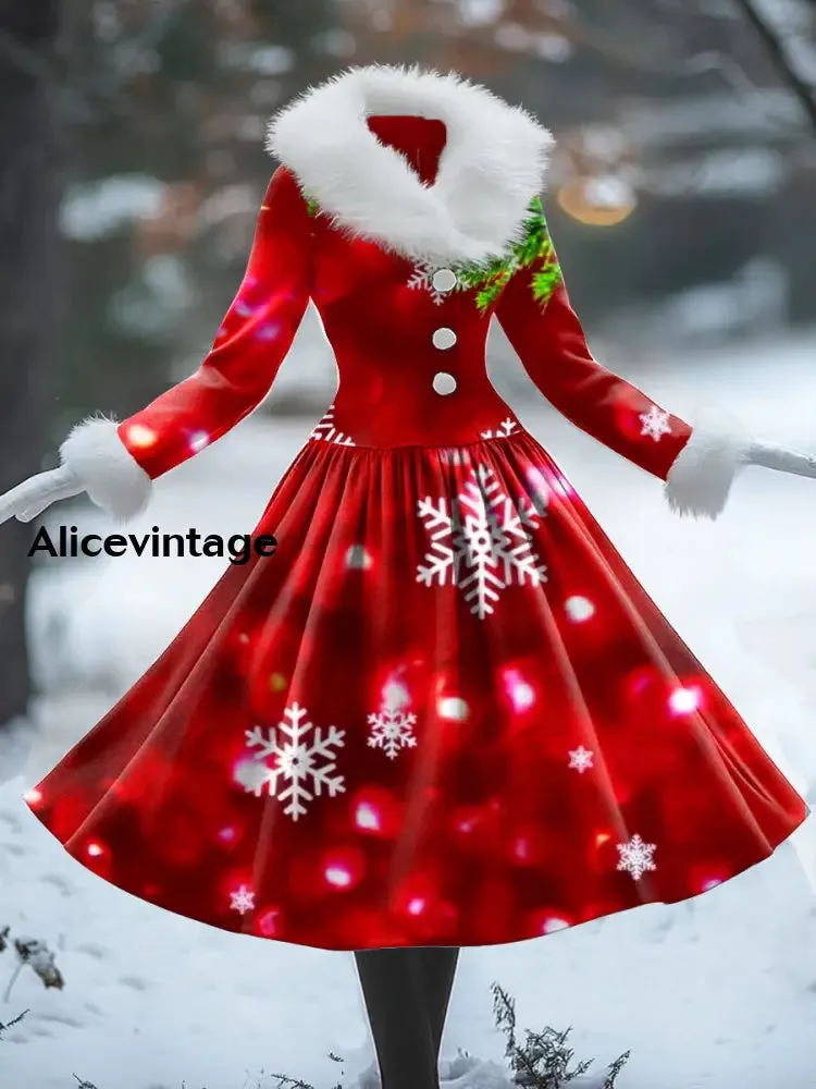 Snowflake Art Print Vintage Elegant Fur Collar Long Sleeve Midi Dress