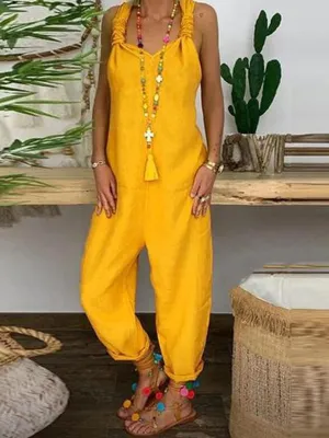 Solid Cross-back Cotton Linen Loose Jumpsuit