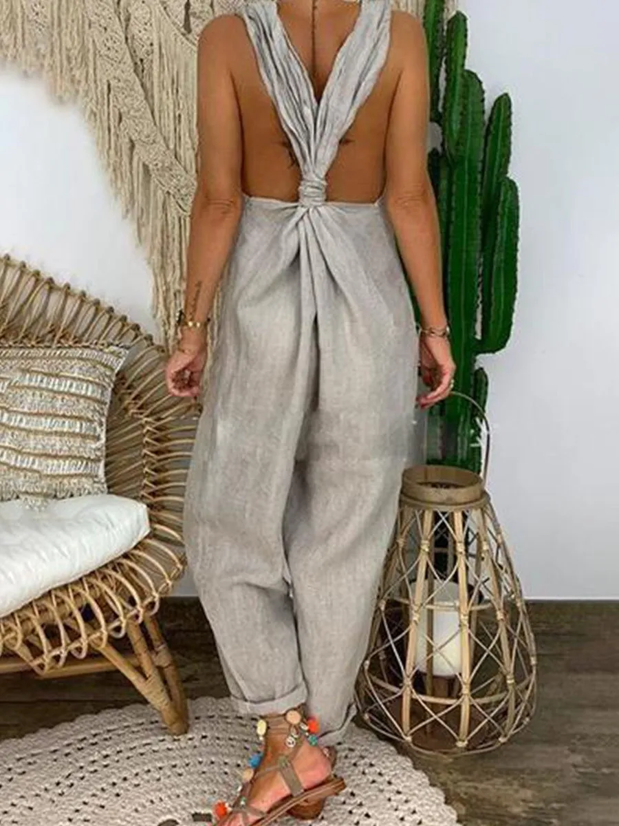 Solid Cross-back Cotton Linen Loose Jumpsuit