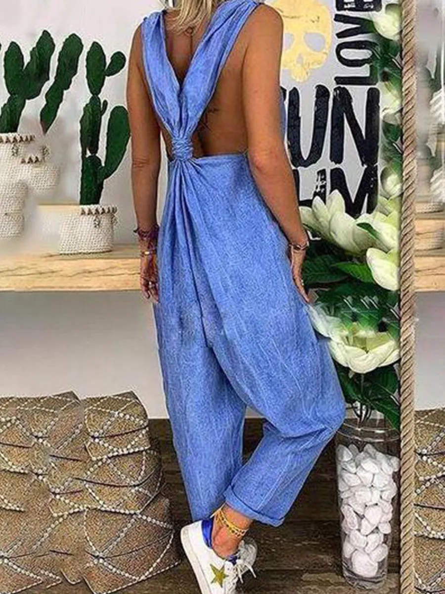 Solid Cross-back Cotton Linen Loose Jumpsuit