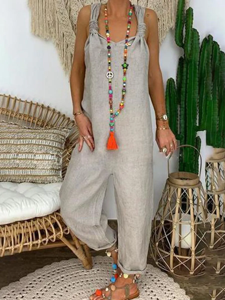 Solid Cross-back Cotton Linen Loose Jumpsuit