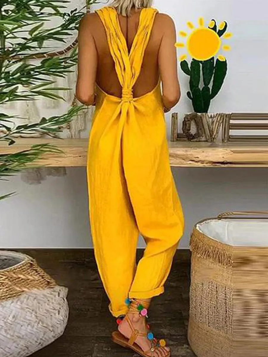 Solid Cross-back Cotton Linen Loose Jumpsuit