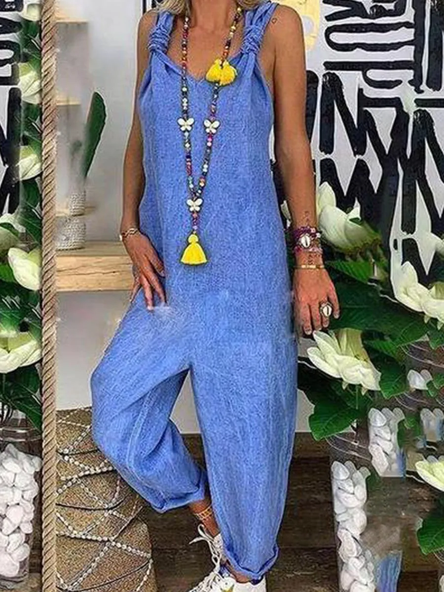 Solid Cross-back Cotton Linen Loose Jumpsuit