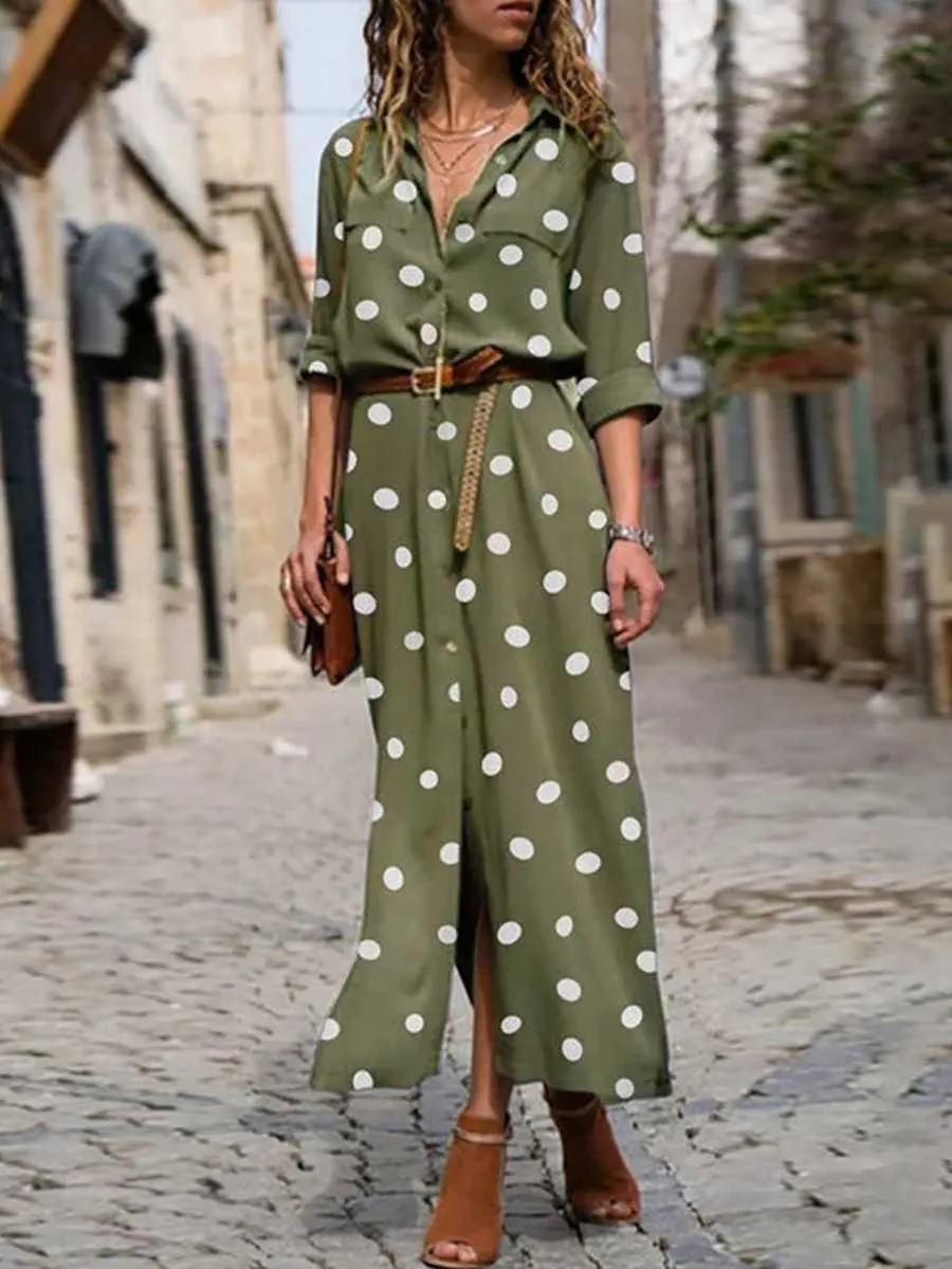 Stunncal Polka Dot Maxi Shirt Dress
