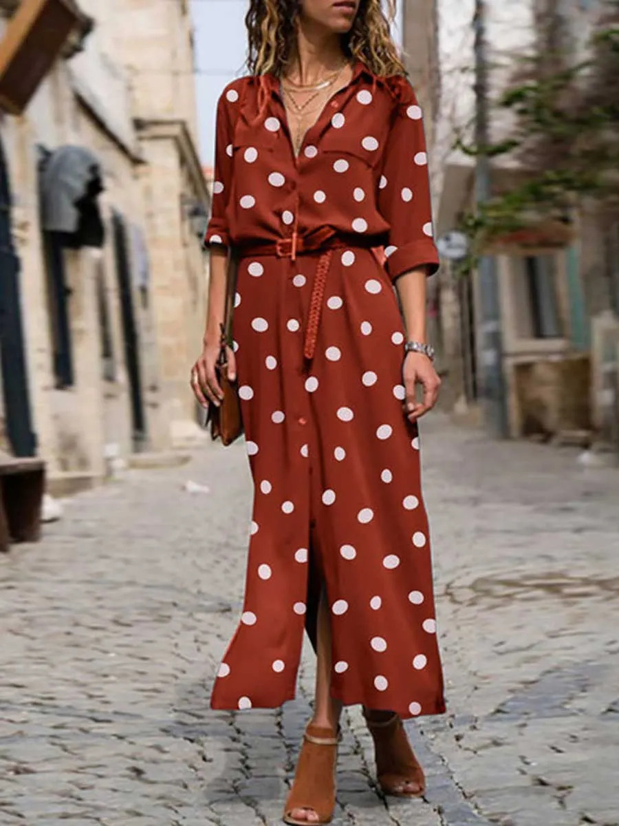 Stunncal Polka Dot Maxi Shirt Dress