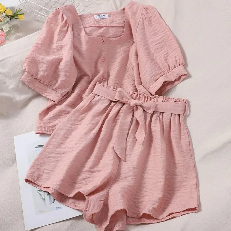 Suit Women Summer Square Collar Bubble Sleeve Short Sleeve Top Elastic High Waist Wide Leg Shorts Two-piece Suit Ladies Casual Suit Shirt   Shorts