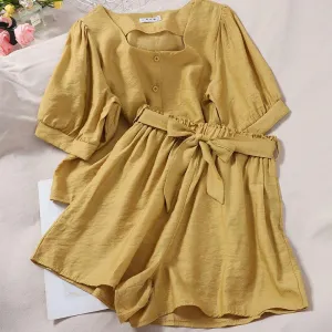 Suit Women Summer Square Collar Bubble Sleeve Short Sleeve Top Elastic High Waist Wide Leg Shorts Two-piece Suit Ladies Casual Suit Shirt   Shorts