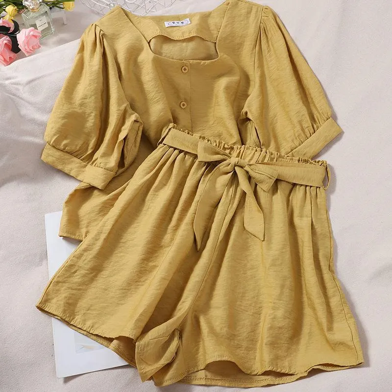 Suit Women Summer Square Collar Bubble Sleeve Short Sleeve Top Elastic High Waist Wide Leg Shorts Two-piece Suit Ladies Casual Suit Shirt   Shorts