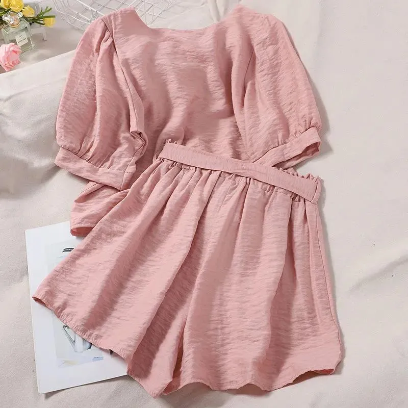Suit Women Summer Square Collar Bubble Sleeve Short Sleeve Top Elastic High Waist Wide Leg Shorts Two-piece Suit Ladies Casual Suit Shirt   Shorts