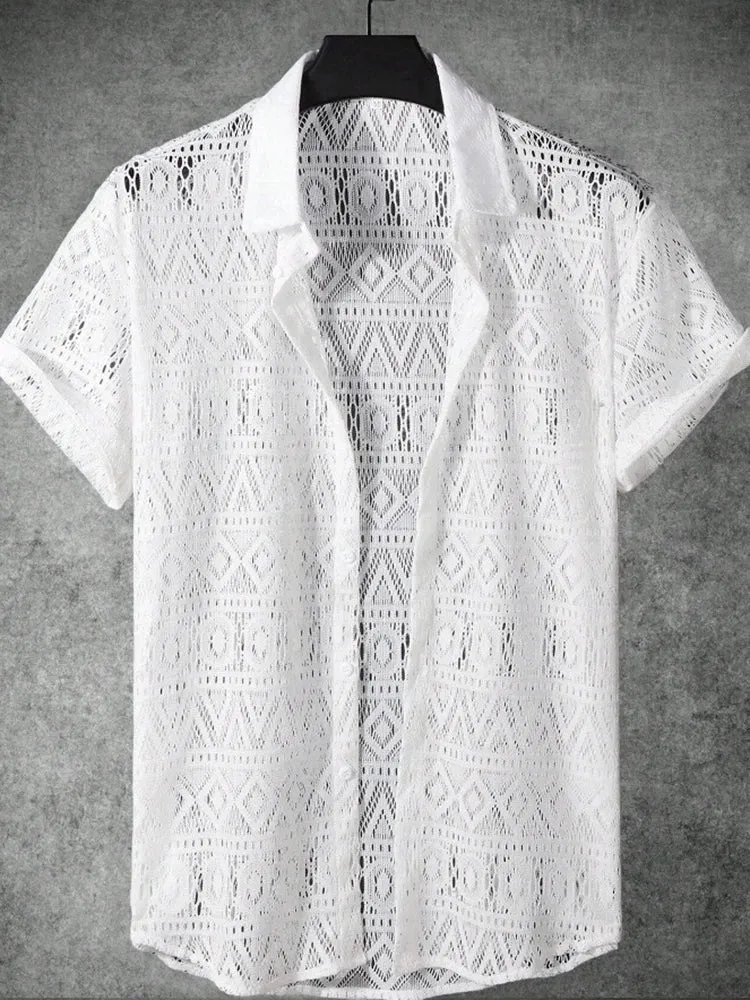 Summer Casual Mens Mesh Lace Shirts Beach Vacation Leisure Breathable Hollow Out Shirt For Men Fashion Lapel Short Sleeve Shirts