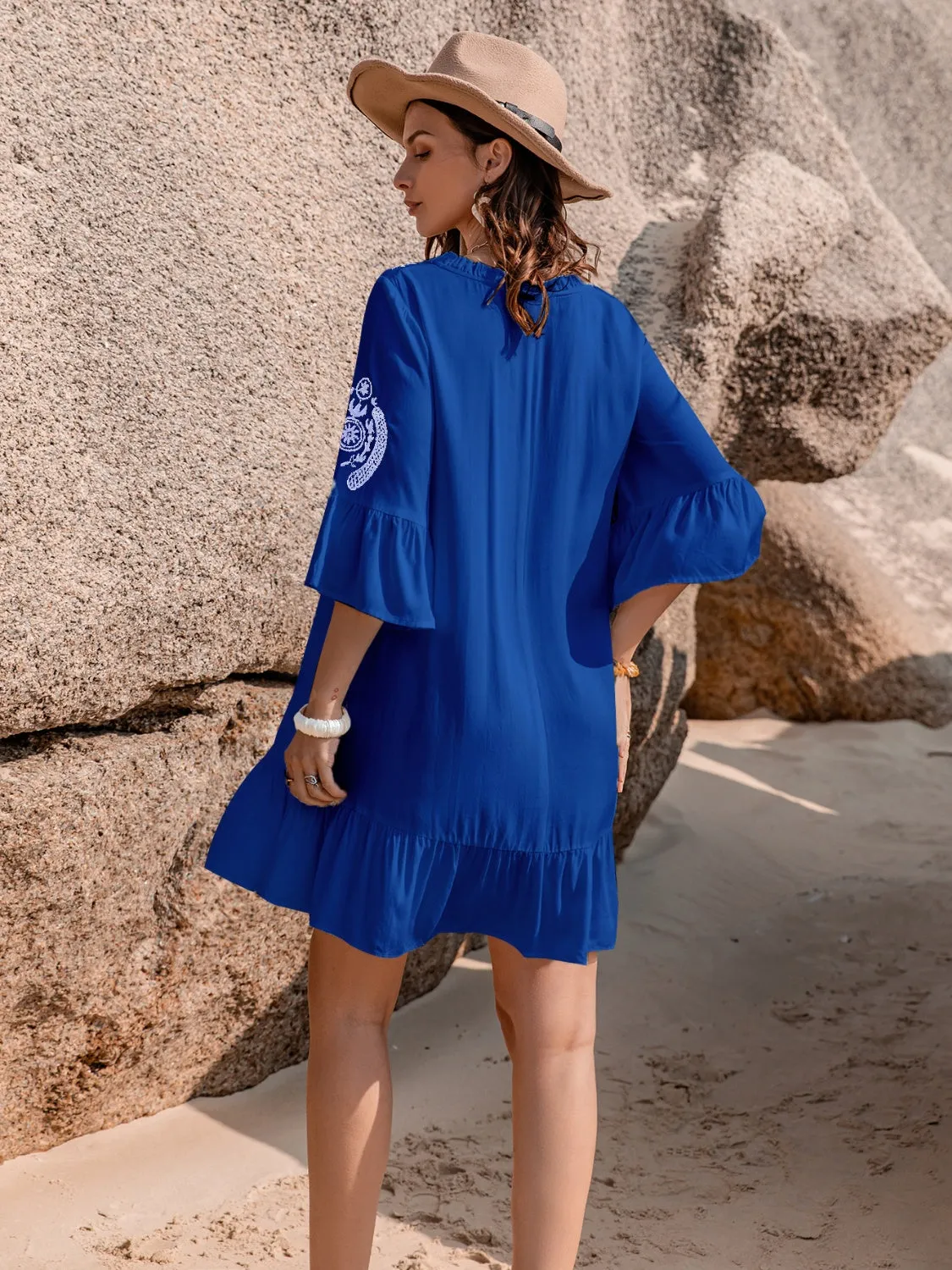 Tatiana Printed Tie Neck Flounce Sleeve Mini Dress