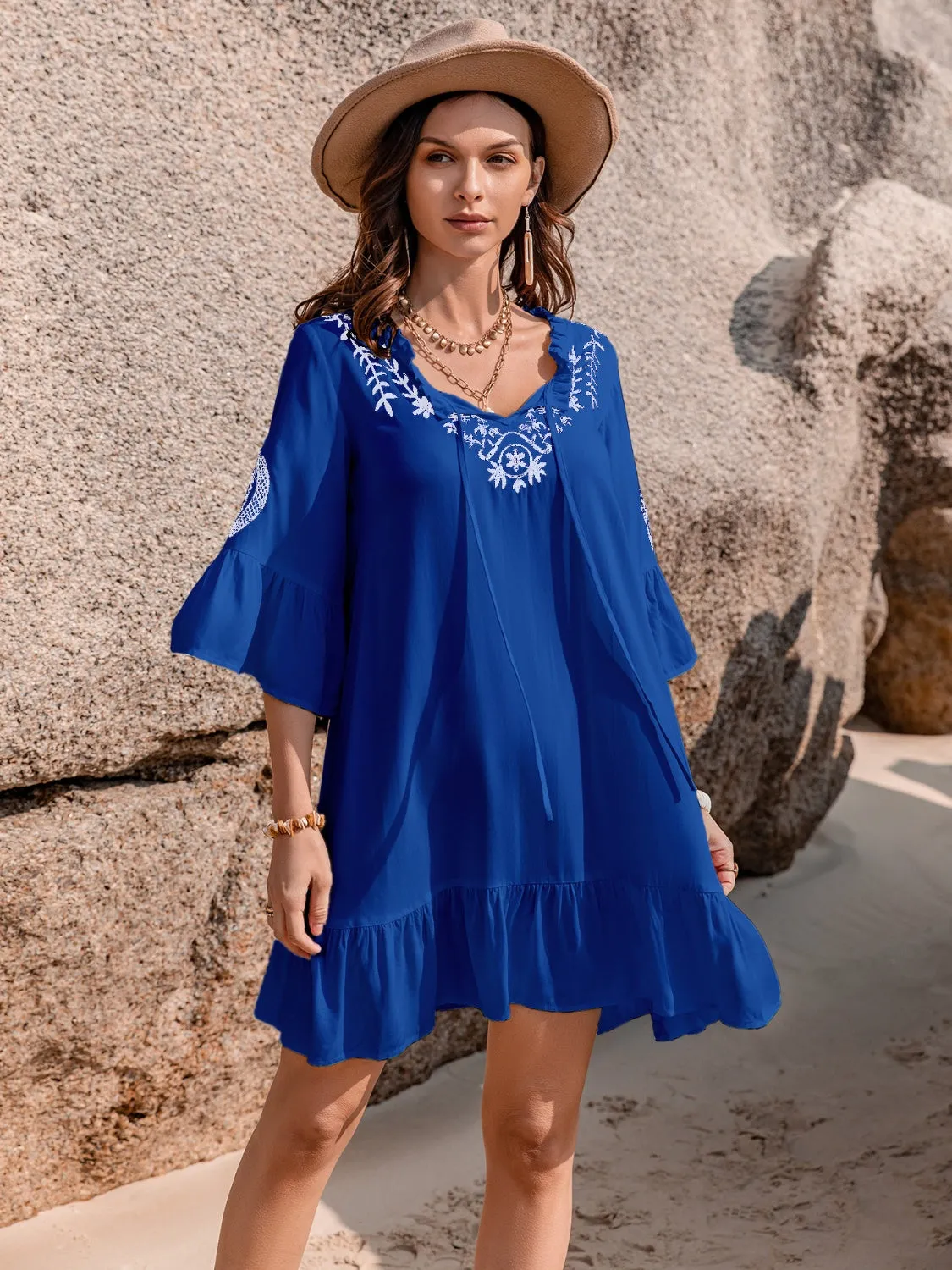 Tatiana Printed Tie Neck Flounce Sleeve Mini Dress
