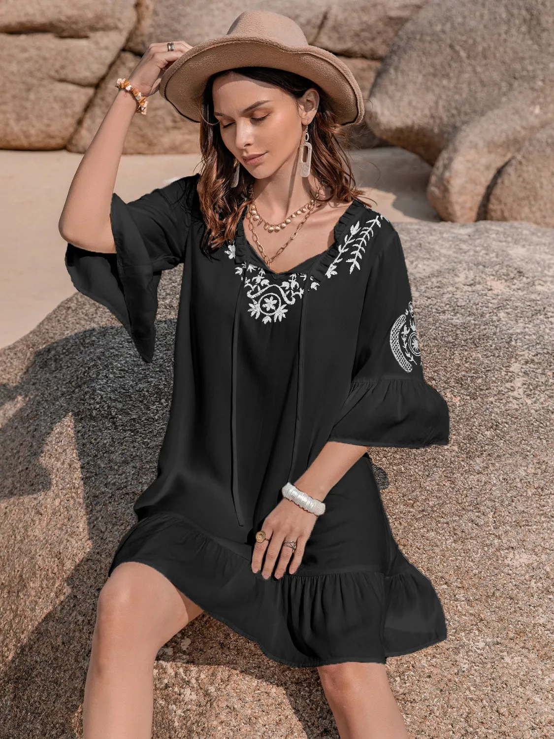 Tatiana Printed Tie Neck Flounce Sleeve Mini Dress
