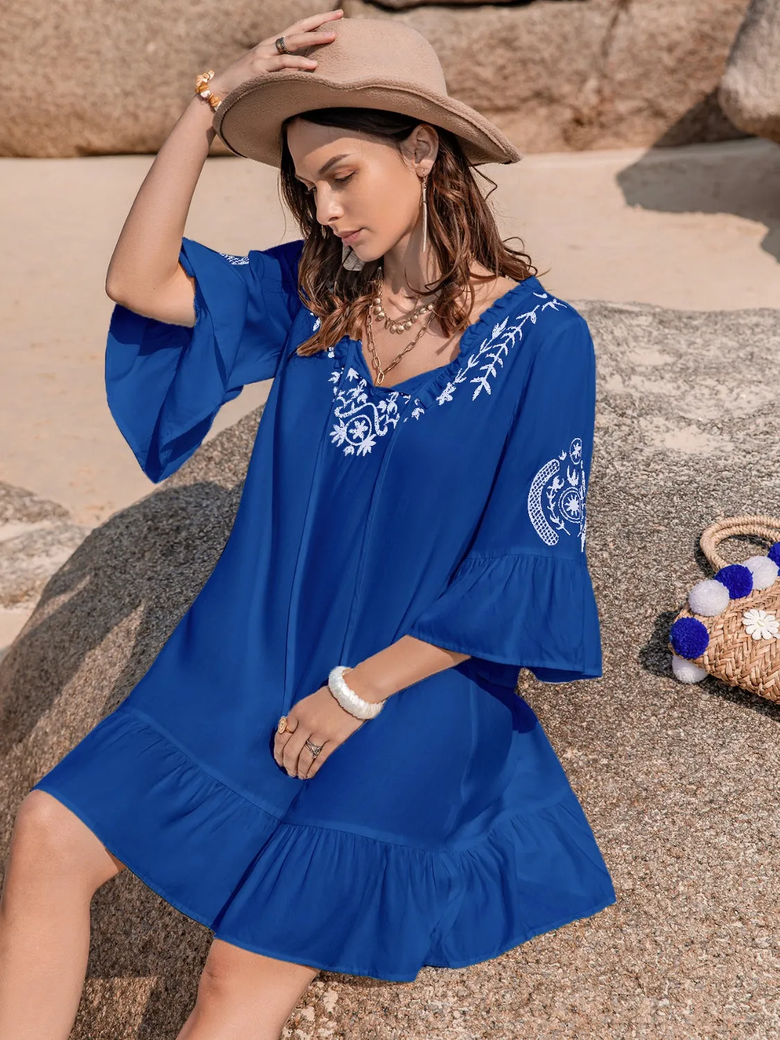 Tatiana Printed Tie Neck Flounce Sleeve Mini Dress
