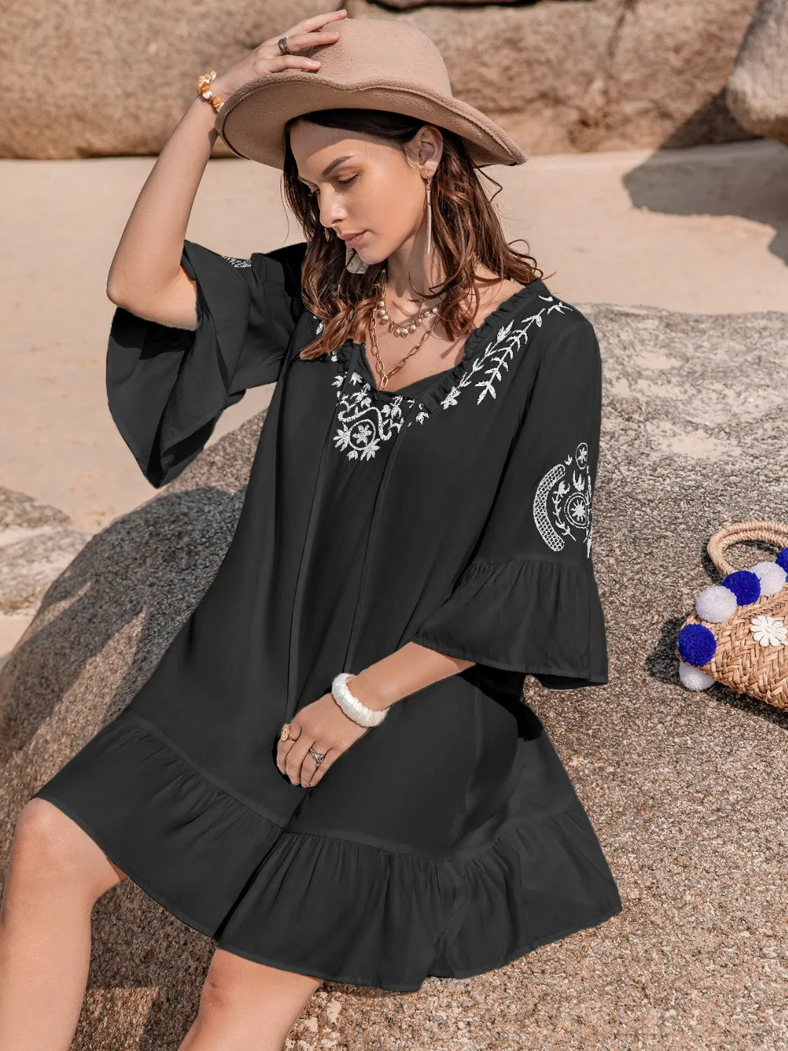 Tatiana Printed Tie Neck Flounce Sleeve Mini Dress