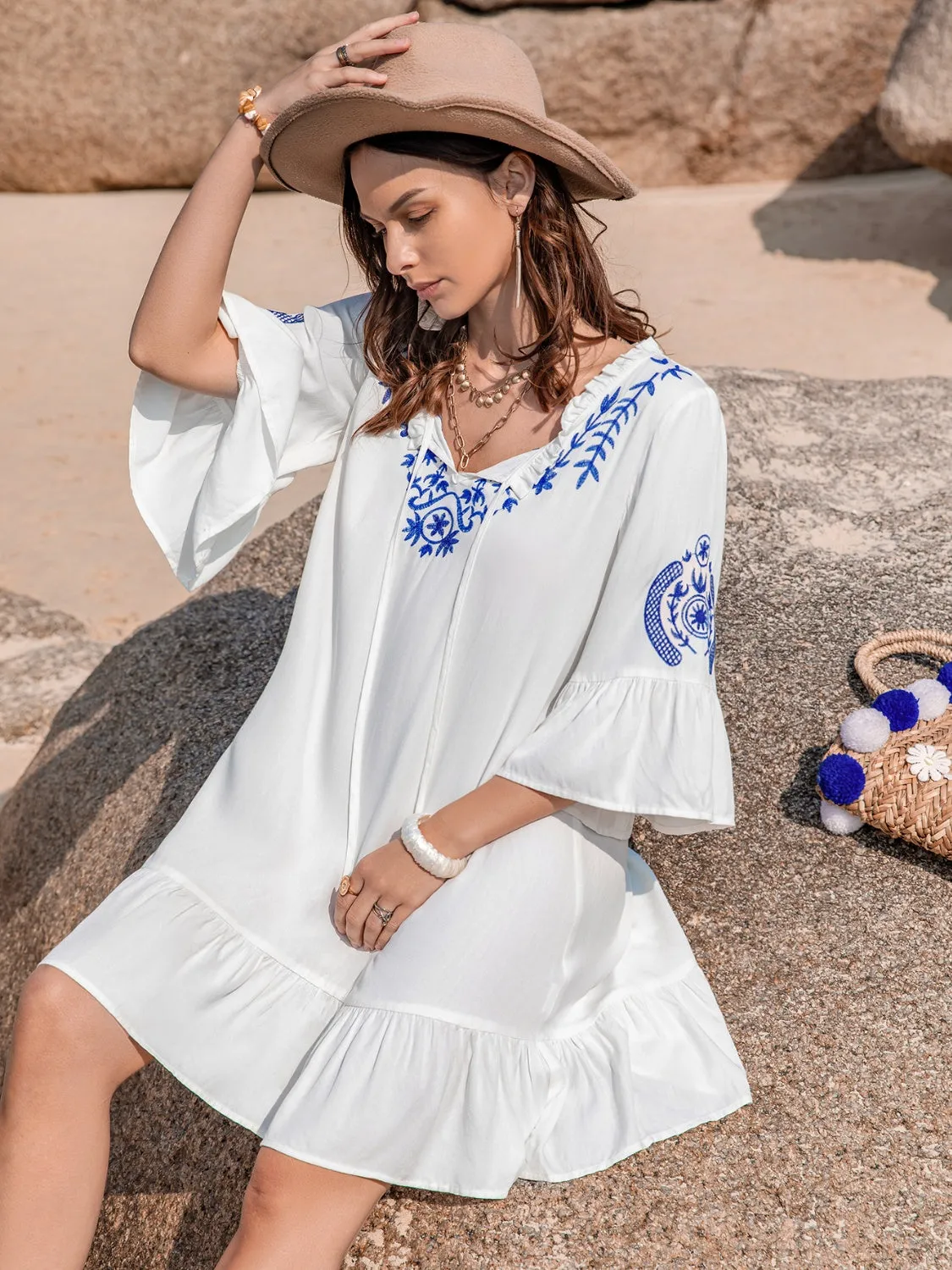 Tatiana Printed Tie Neck Flounce Sleeve Mini Dress