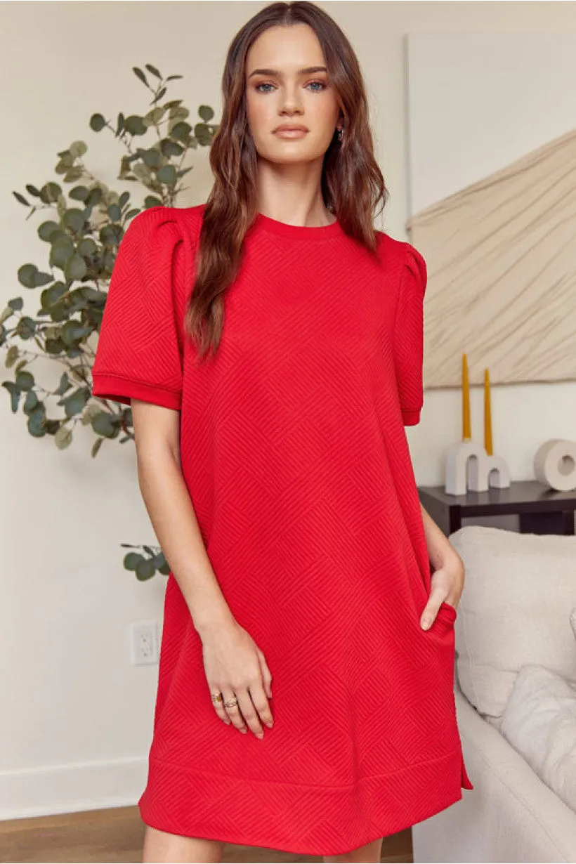 Textured Dress W/U-Neck, Side Pockets