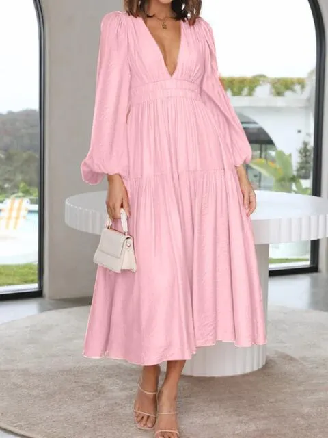 Tristan Deep V-Neck Balloon Sleeve Plain Maxi Dress