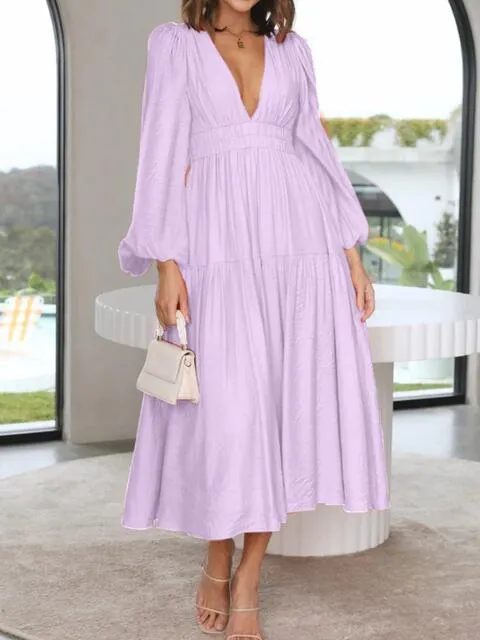 Tristan Deep V-Neck Balloon Sleeve Plain Maxi Dress