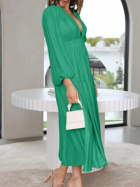 Tristan Deep V-Neck Balloon Sleeve Plain Maxi Dress
