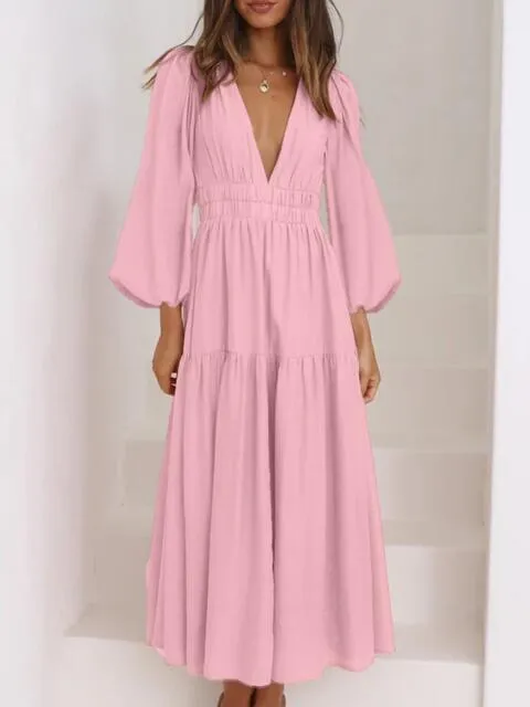 Tristan Deep V-Neck Balloon Sleeve Plain Maxi Dress