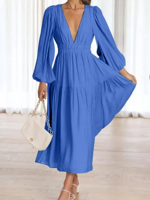 Tristan Deep V-Neck Balloon Sleeve Plain Maxi Dress