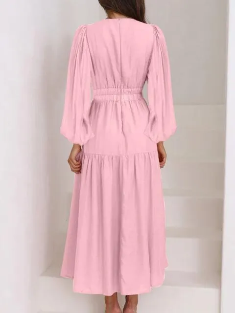 Tristan Deep V-Neck Balloon Sleeve Plain Maxi Dress
