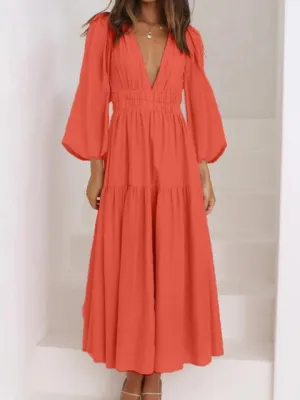 Tristan Deep V-Neck Balloon Sleeve Plain Maxi Dress