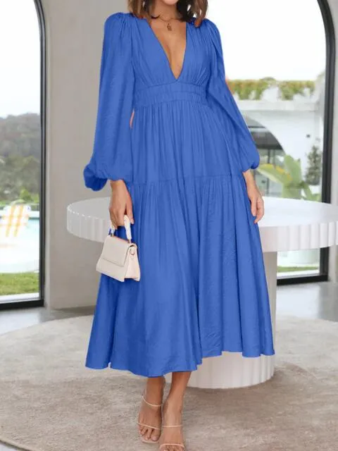 Tristan Deep V-Neck Balloon Sleeve Plain Maxi Dress