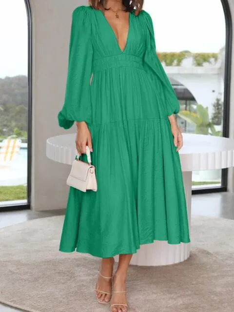 Tristan Deep V-Neck Balloon Sleeve Plain Maxi Dress