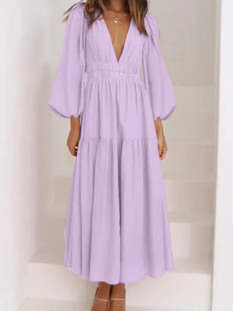 Tristan Deep V-Neck Balloon Sleeve Plain Maxi Dress