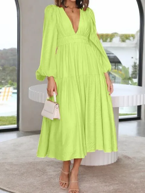 Tristan Deep V-Neck Balloon Sleeve Plain Maxi Dress