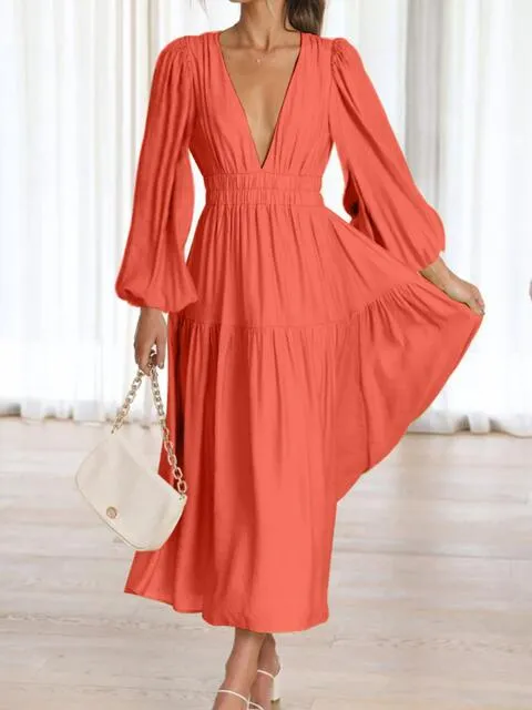 Tristan Deep V-Neck Balloon Sleeve Plain Maxi Dress