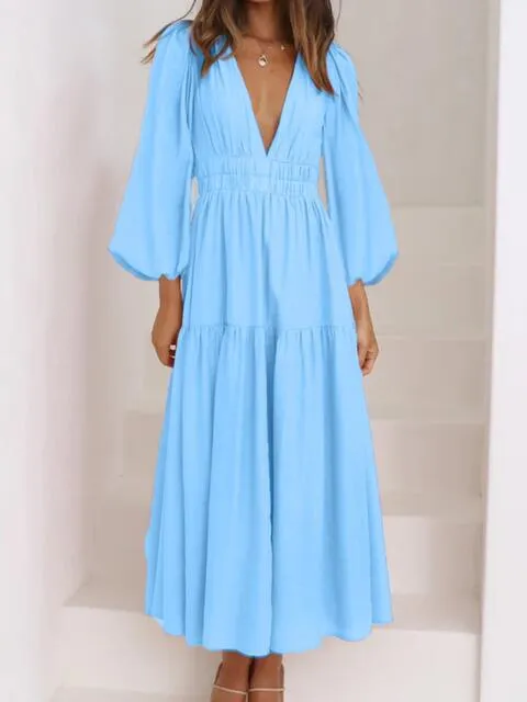 Tristan Deep V-Neck Balloon Sleeve Plain Maxi Dress