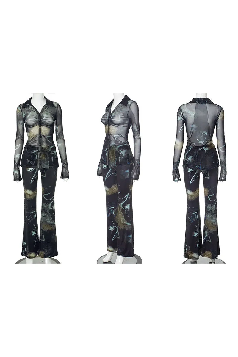 UK672 Mesh Graphic Flip Collar Top and Pants Set