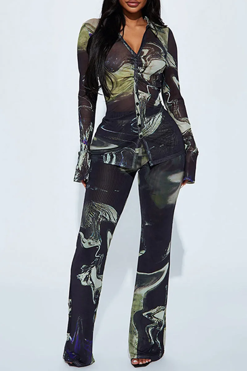 UK672 Mesh Graphic Flip Collar Top and Pants Set