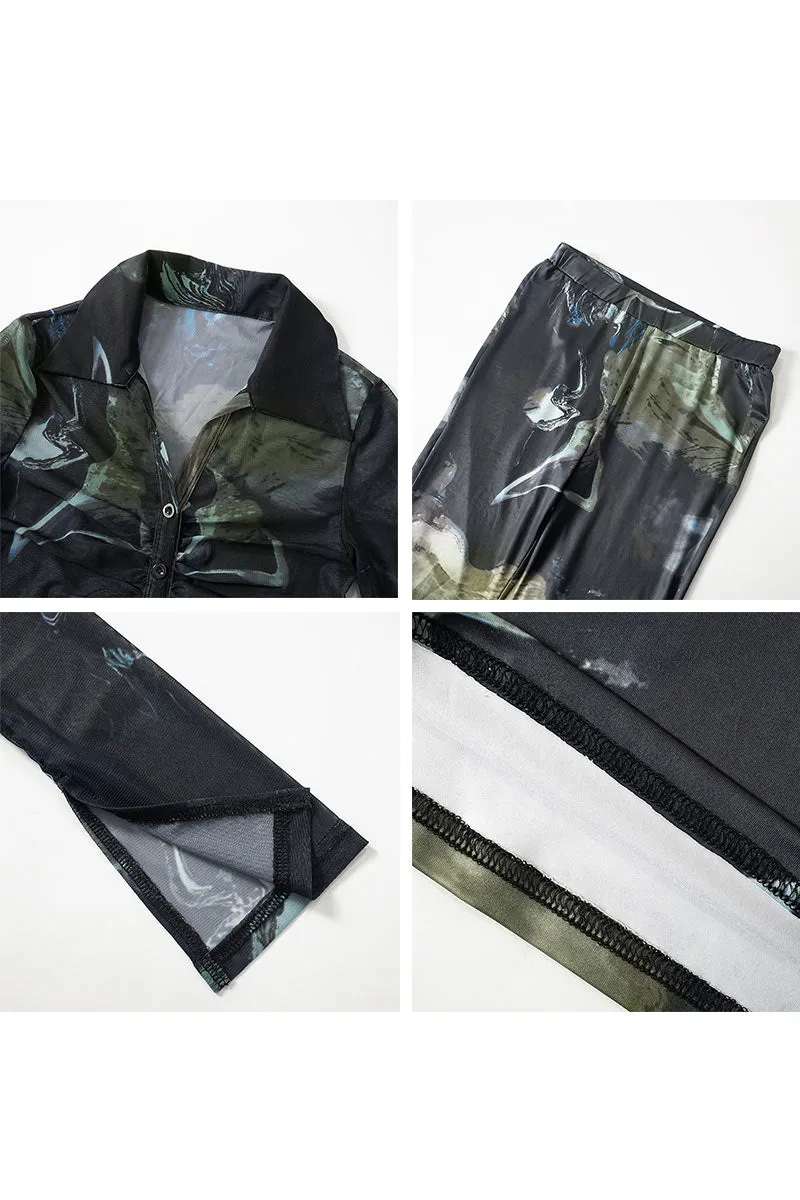UK672 Mesh Graphic Flip Collar Top and Pants Set