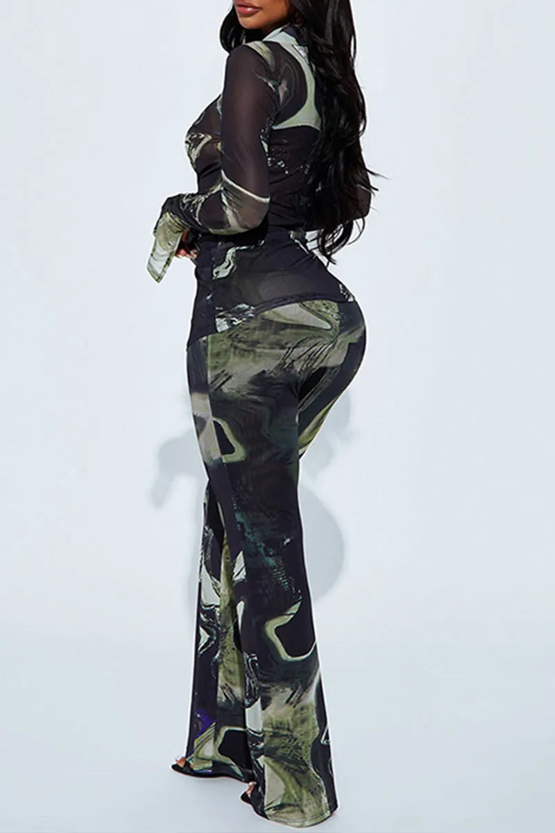 UK672 Mesh Graphic Flip Collar Top and Pants Set