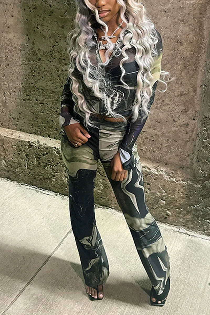 UK672 Mesh Graphic Flip Collar Top and Pants Set