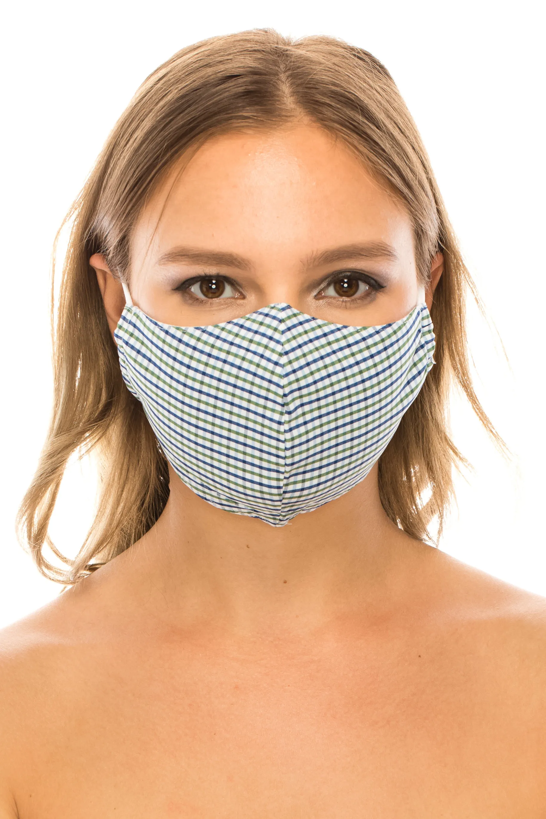 unik Face Mask,  Cotton Blend, 2 layers, Green Plaid, Washable, Reusable Mask, Adult Size