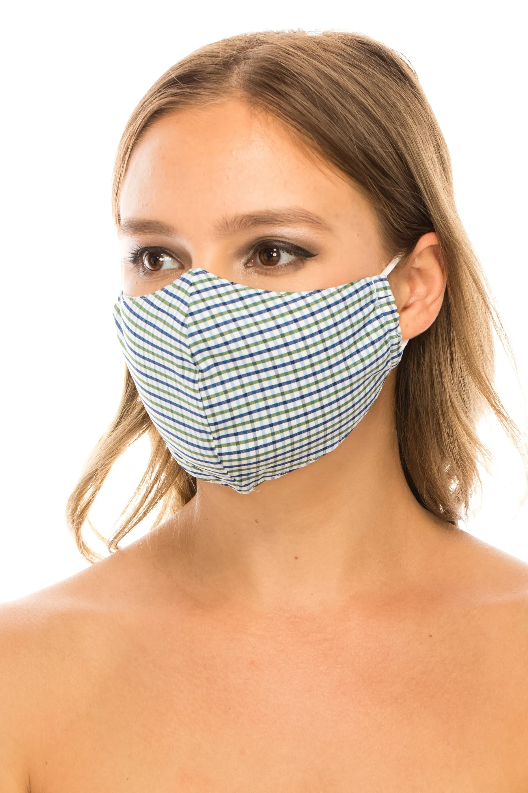 unik Face Mask,  Cotton Blend, 2 layers, Green Plaid, Washable, Reusable Mask, Adult Size